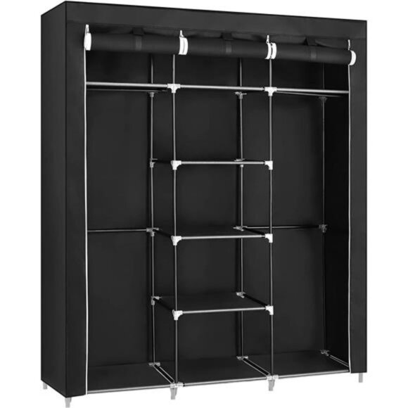 Portable Clothes Closet, Non-Woven Fabric Wardrobe with 2 Hanging Rods, Black - Picture 1 of 6